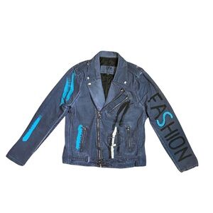 Love‎ Fashion Art LFA Graffiti Canvas Biker Jacket Medium Blue Art to Wear
